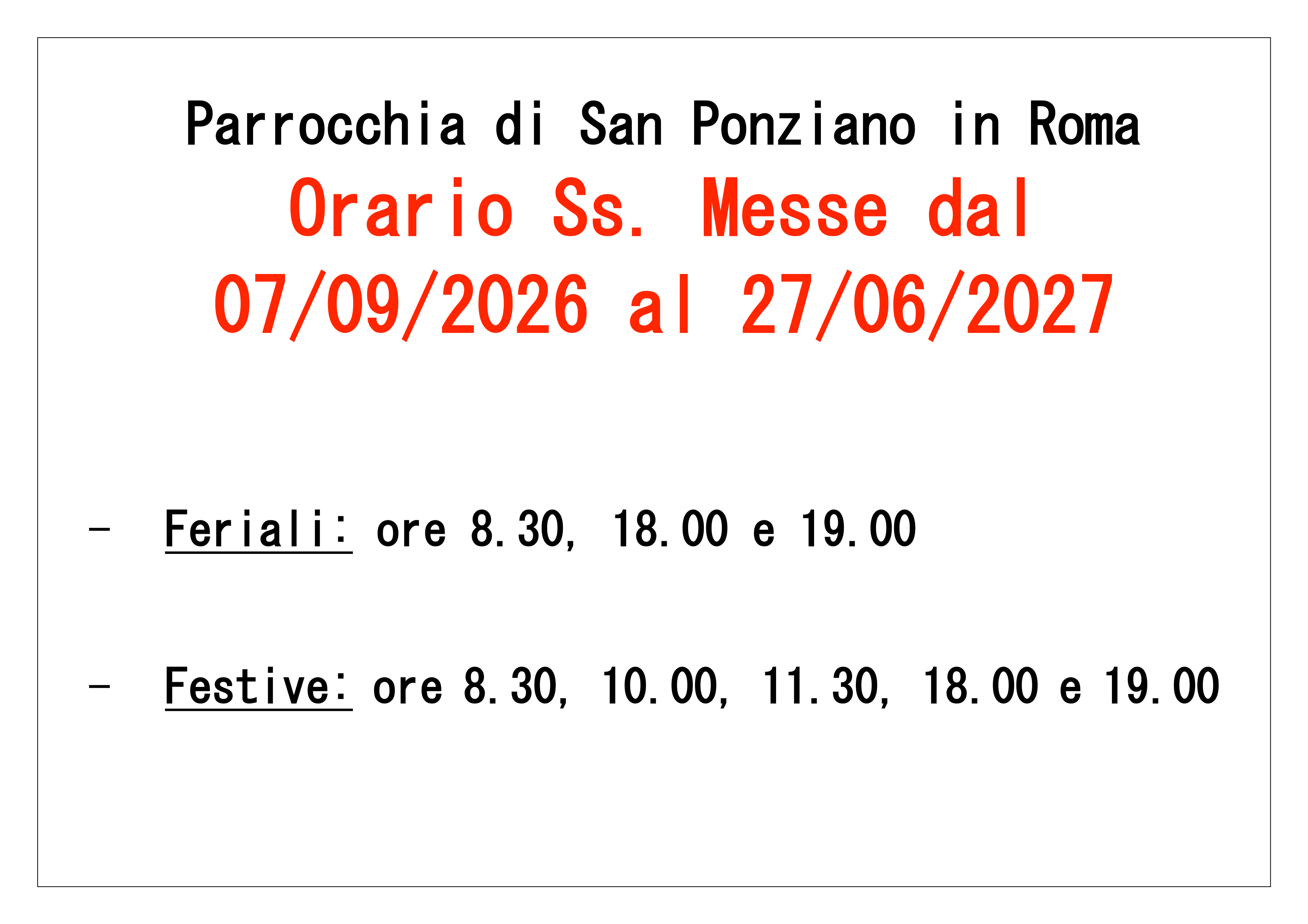 Orario ordinario Messe 2026