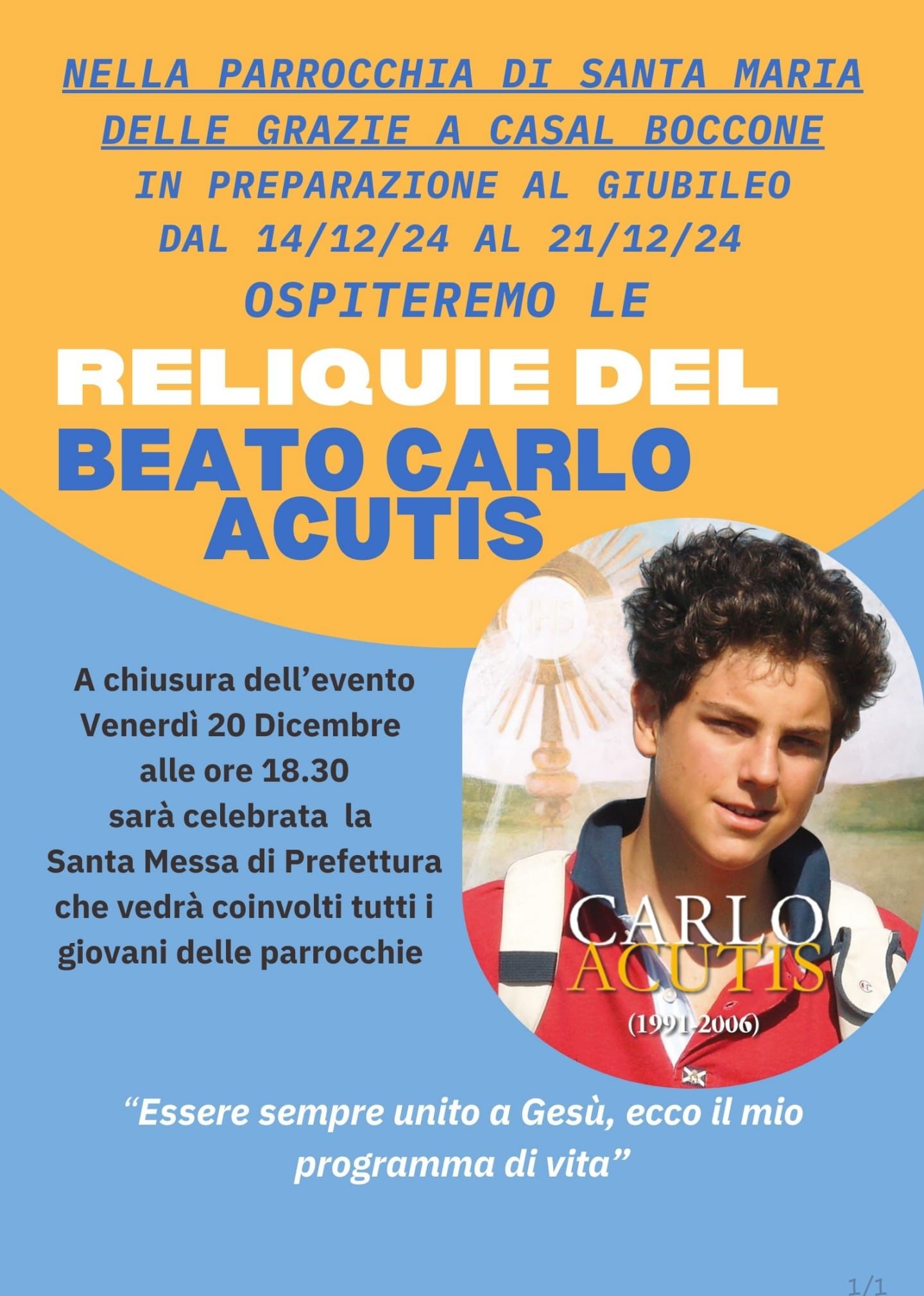 Locandina esposizione reliquie Beato Carlo Acutis